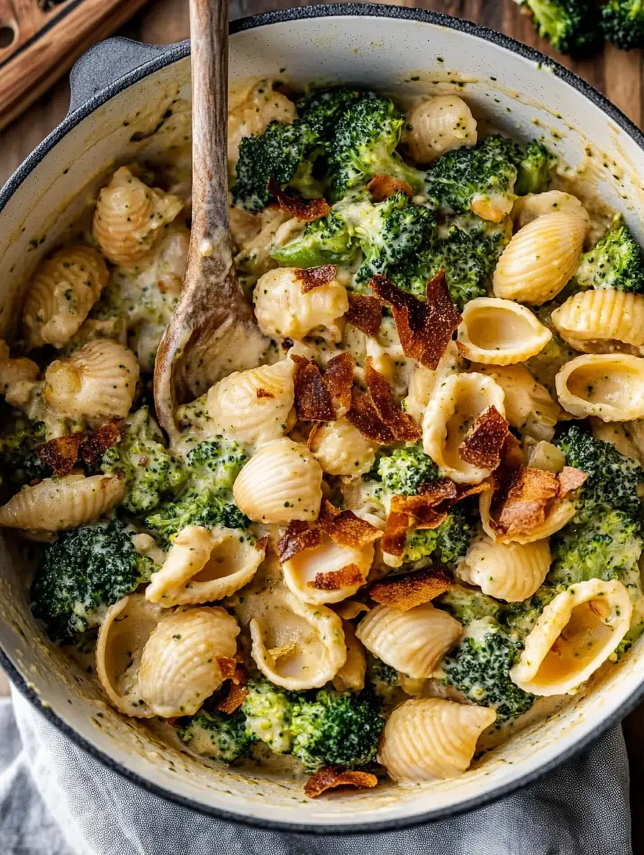 A creamy pasta dish with broccoli and crispy bacon bits in a large pot.