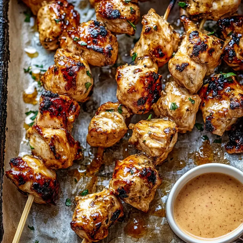 Grilled chicken skewers glisten with sauce and are garnished with parsley, accompanied by a small bowl of dipping sauce.