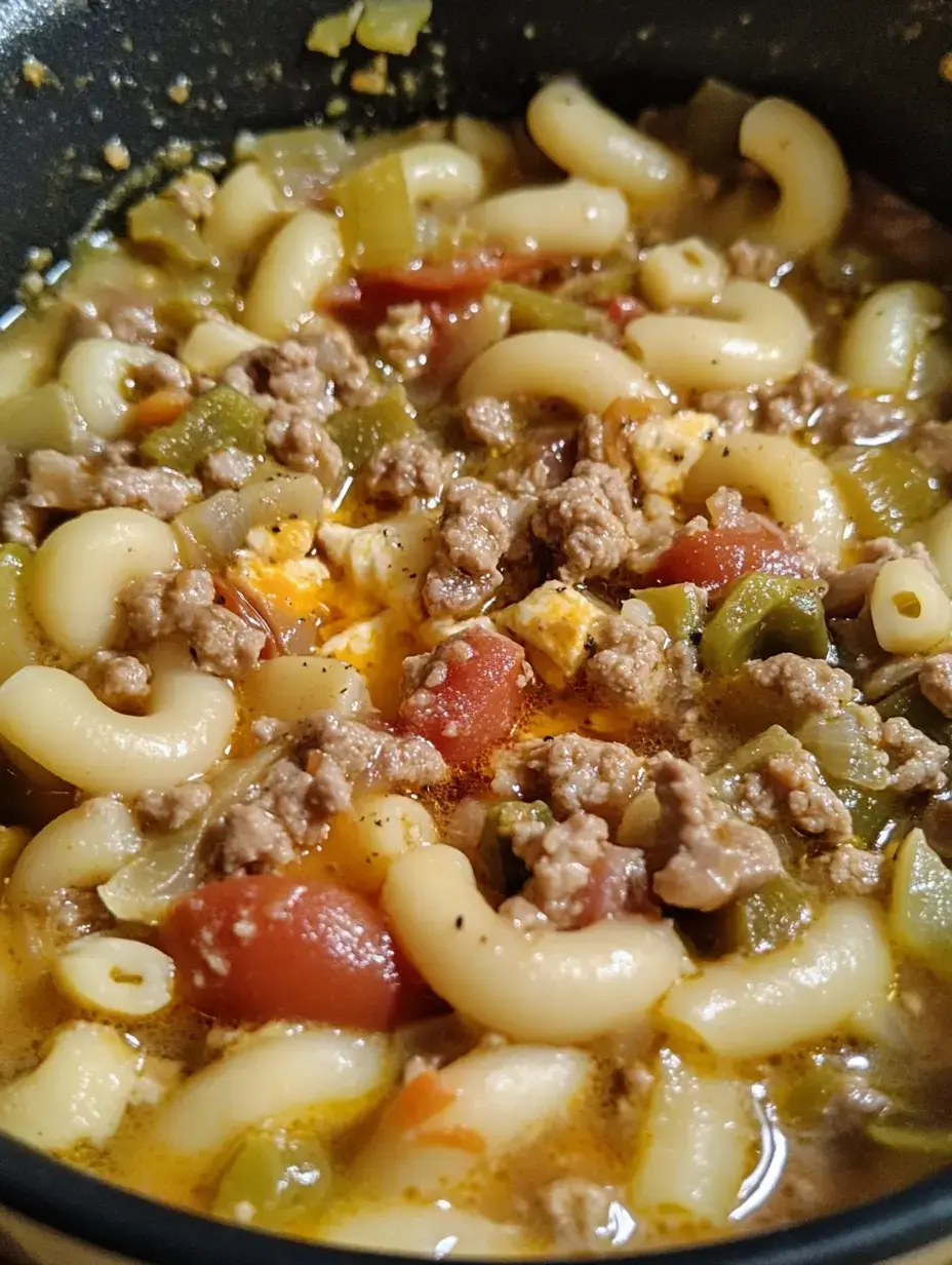 A close-up of a pot filled with macaroni, ground meat, diced tomatoes, and chopped green peppers simmering in a savory broth.