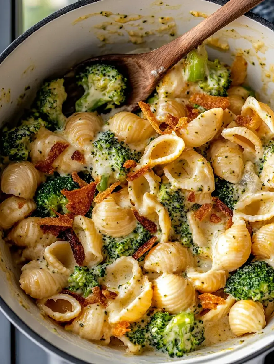 A creamy pasta dish with broccoli and crispy toppings in a pot, stirred with a wooden spoon.