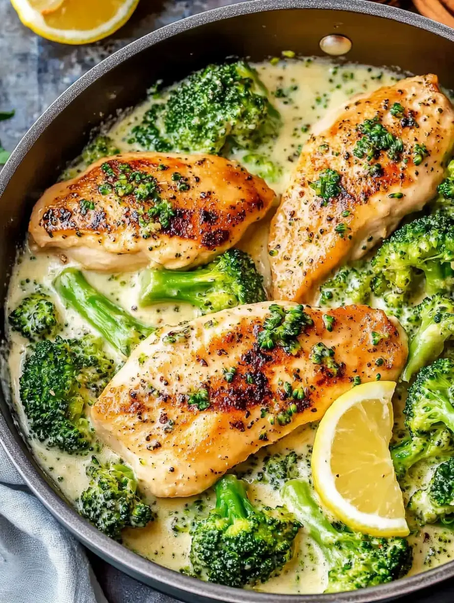 A skillet filled with seared chicken breasts and broccoli in a creamy sauce, garnished with herbs and a lemon wedge.