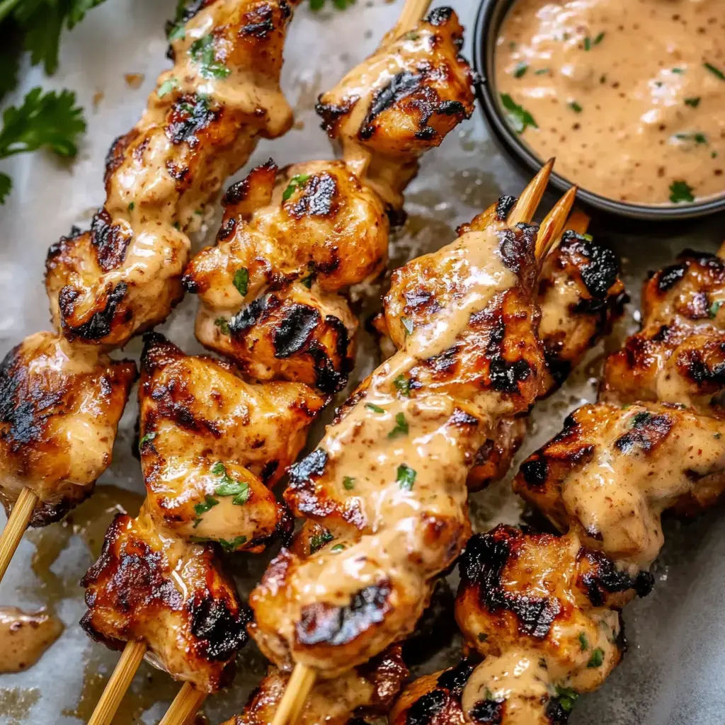 Grilled chicken skewers drizzled with a creamy sauce, garnished with parsley, served alongside a small bowl of sauce.