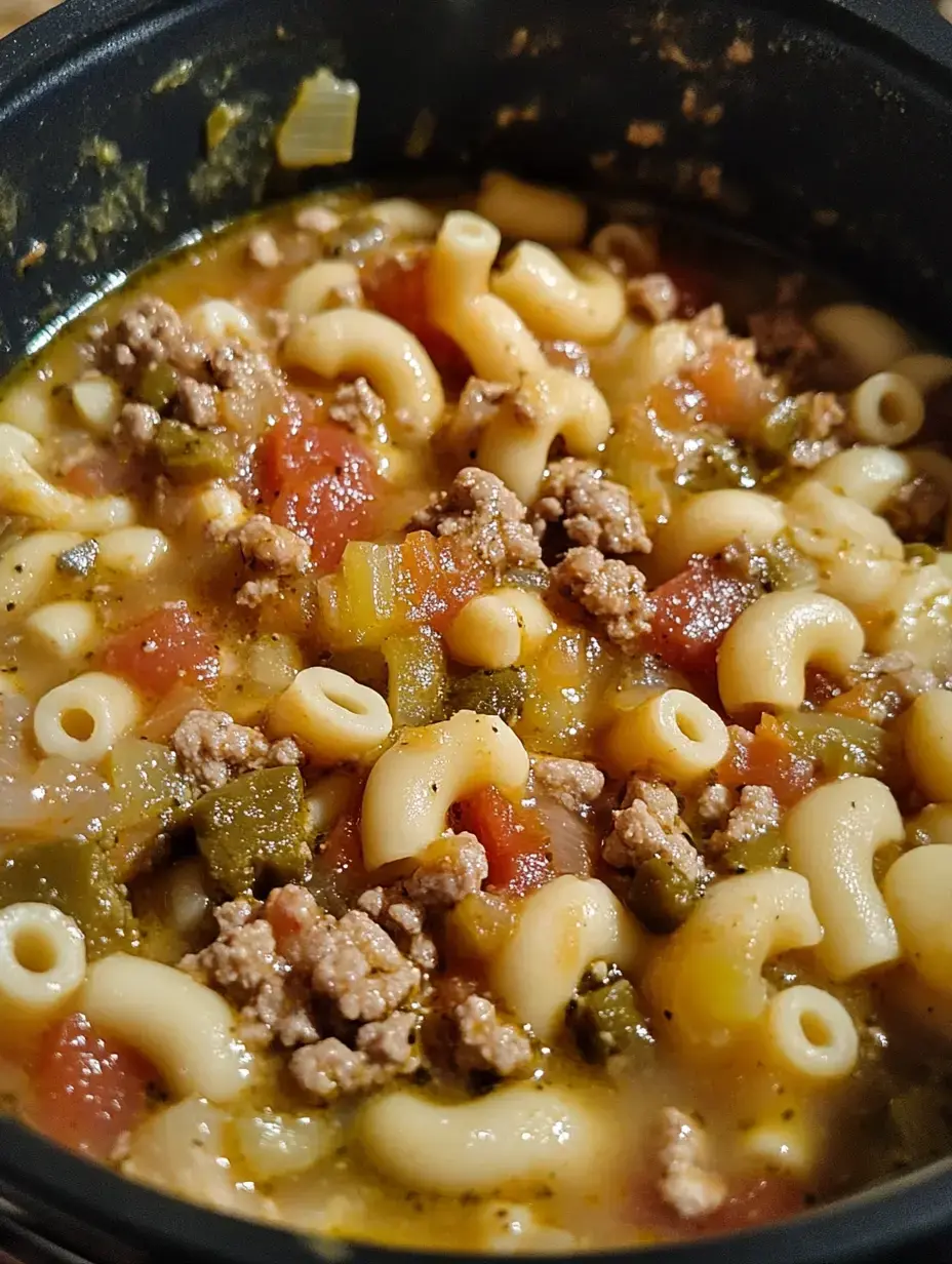 A close-up view of a hearty soup featuring elbow macaroni, ground meat, diced tomatoes, and assorted vegetables in a black pot.