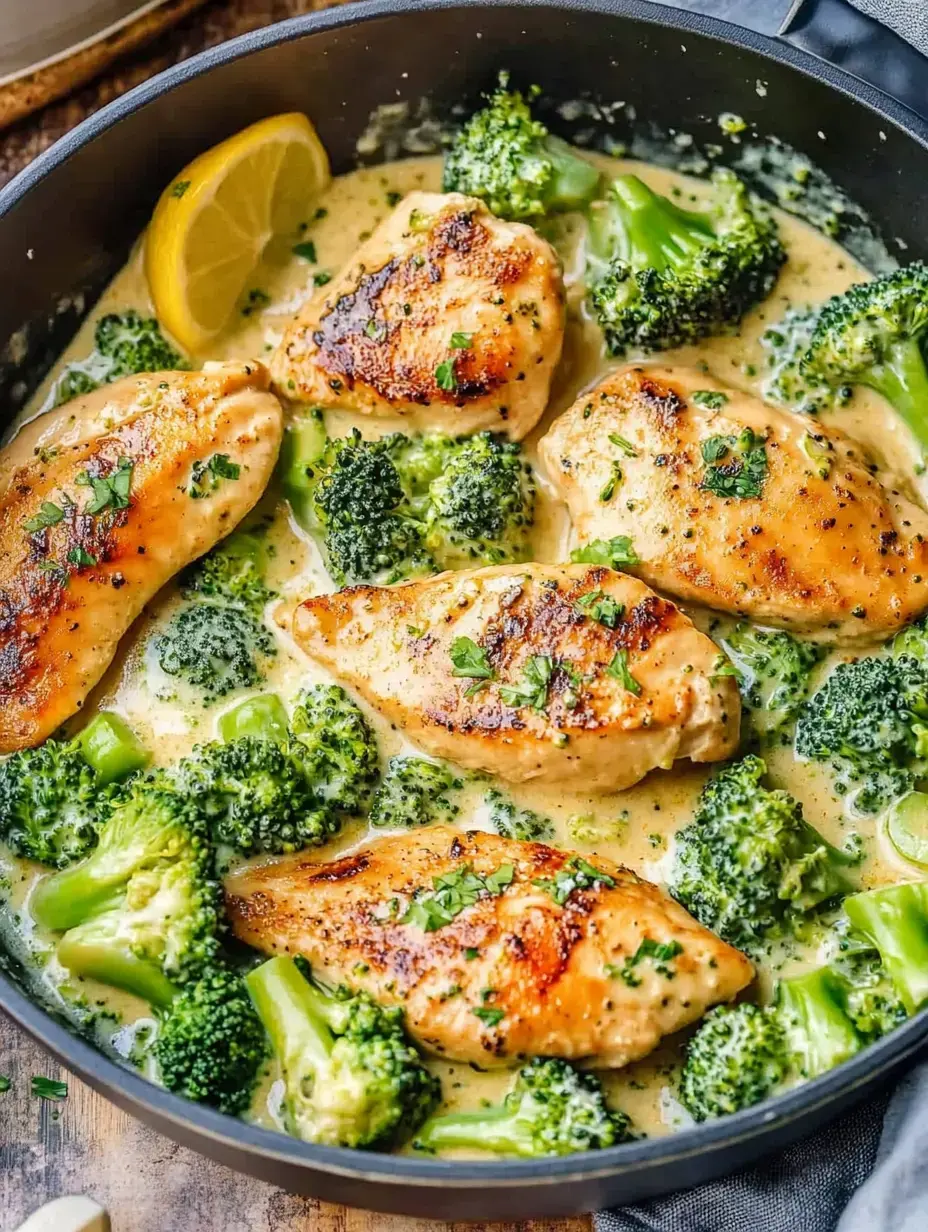 A skillet filled with cooked chicken breasts and broccoli in a creamy sauce, garnished with parsley and a slice of lemon.