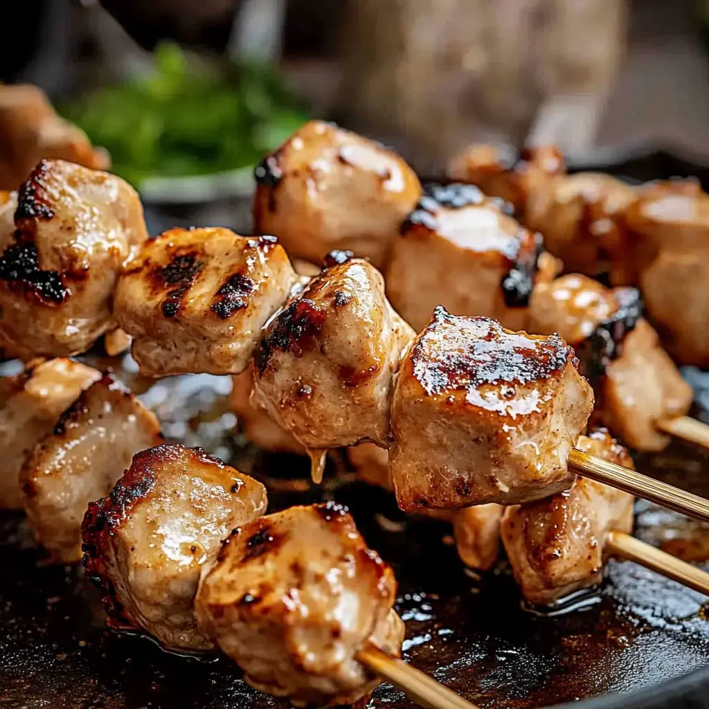 Grilled skewers of marinated meat are displayed, glistening with juices and showing a charred surface.