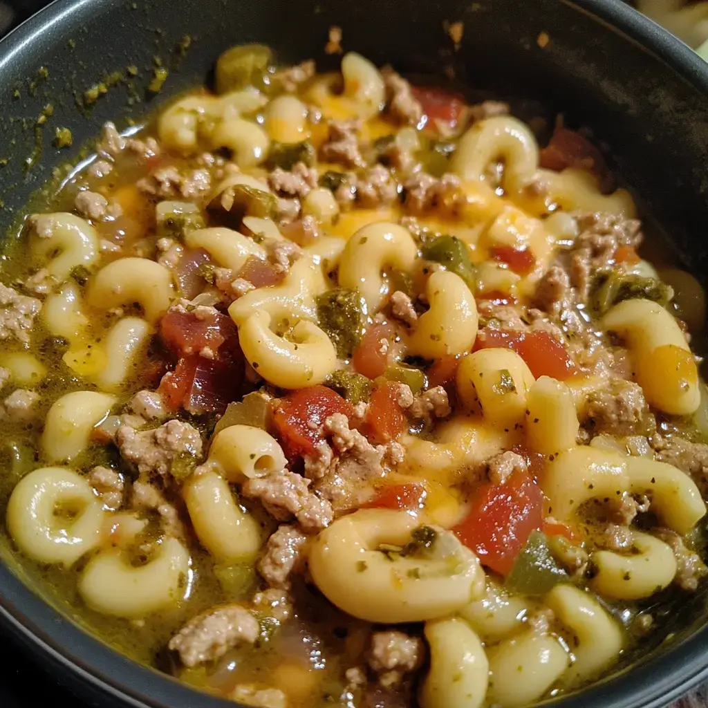 A close-up view of a pot filled with macaroni, ground meat, diced tomatoes, and spices in a savory broth.