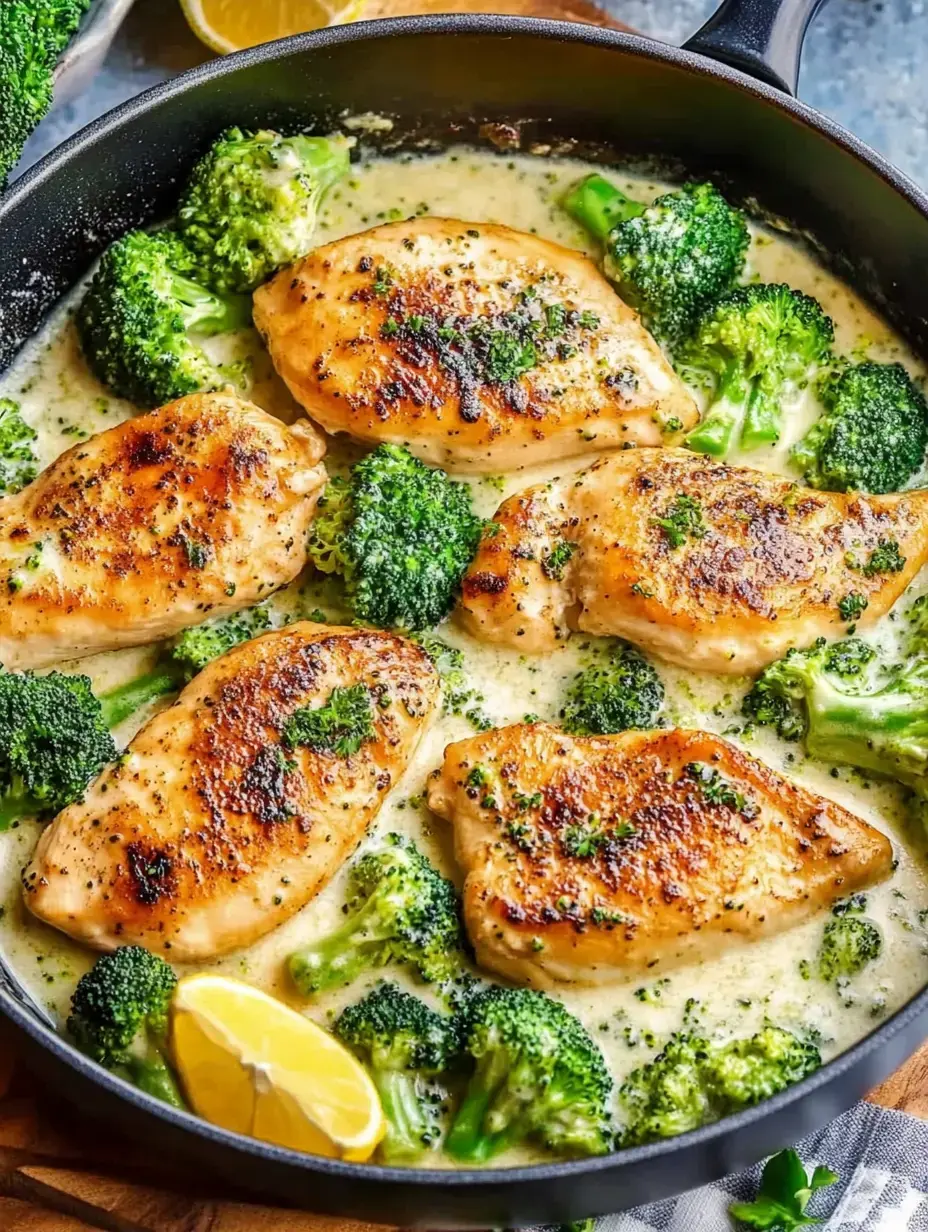 A skillet contains sautéed chicken breast pieces surrounded by bright green broccoli florets in a creamy sauce, garnished with herbs and a slice of lemon.