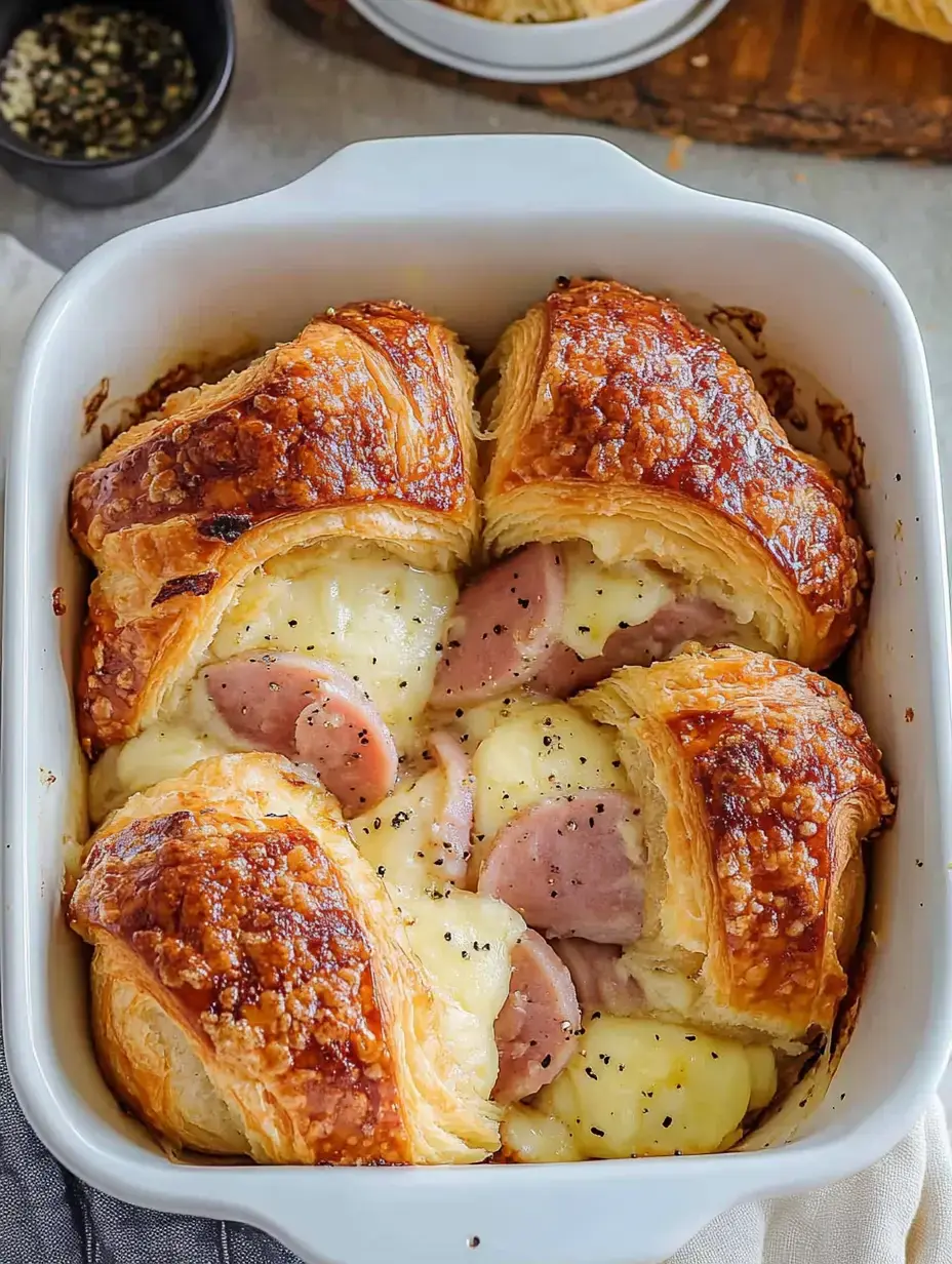 A baked dish featuring golden-brown croissants filled with creamy mashed potatoes and slices of ham, sprinkled with black pepper.