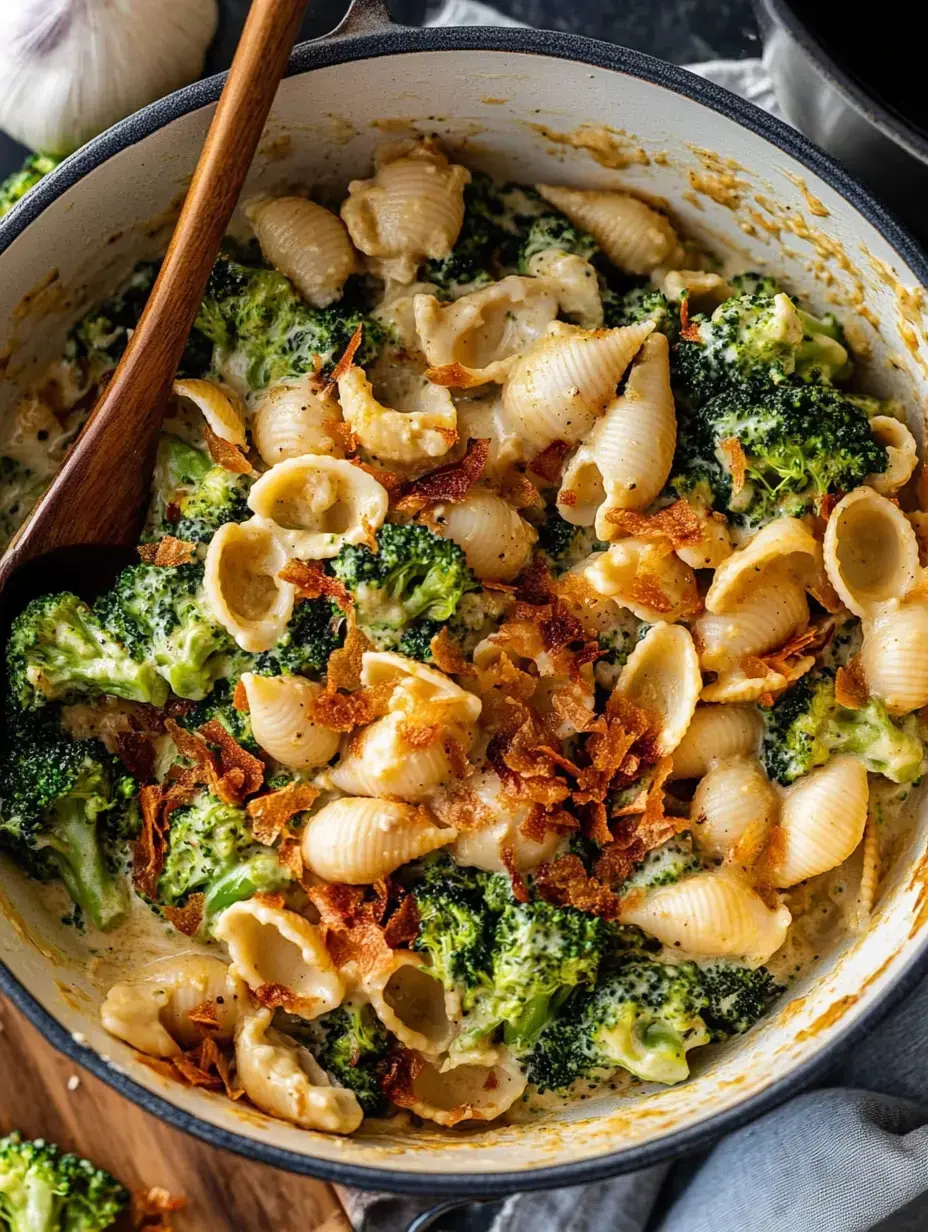 A creamy pasta dish with broccoli and crispy toppings served in a pot, featuring shell-shaped pasta.