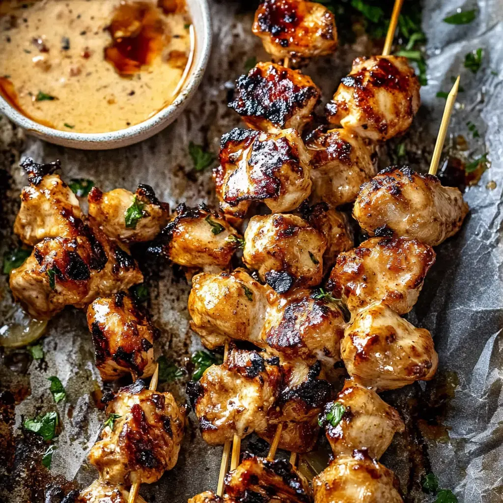 Grilled skewers of marinated chicken are arranged on a tray, accompanied by a small bowl of dipping sauce and garnished with cilantro.