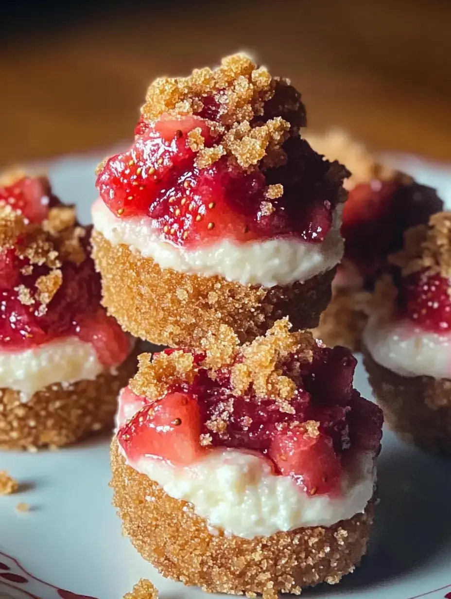 A close-up of small dessert cups made of a crumbly base, filled with creamy cheesecake and topped with a strawberry compote and crunchy pieces.