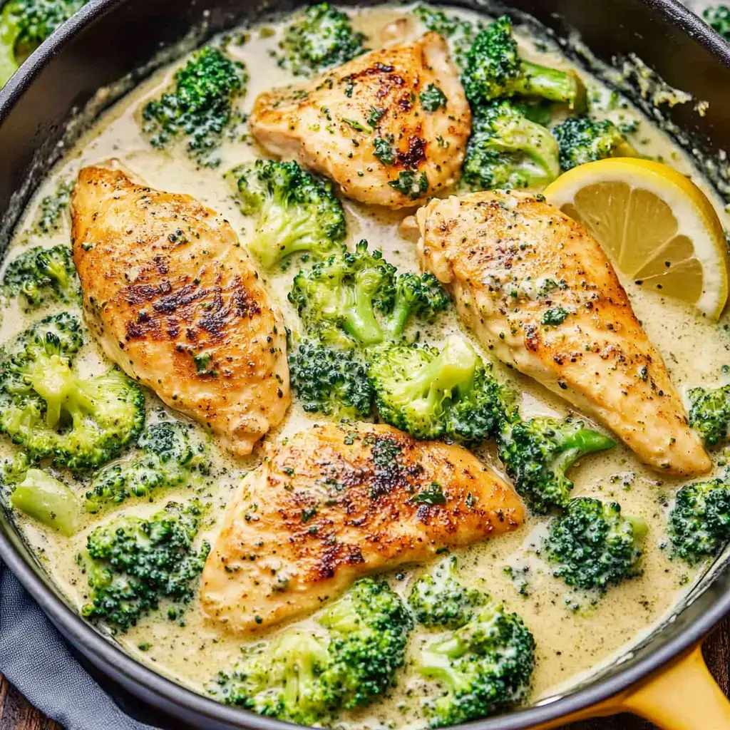 A skillet filled with creamy sauce, cooked chicken breasts, and vibrant green broccoli, garnished with a lemon slice.