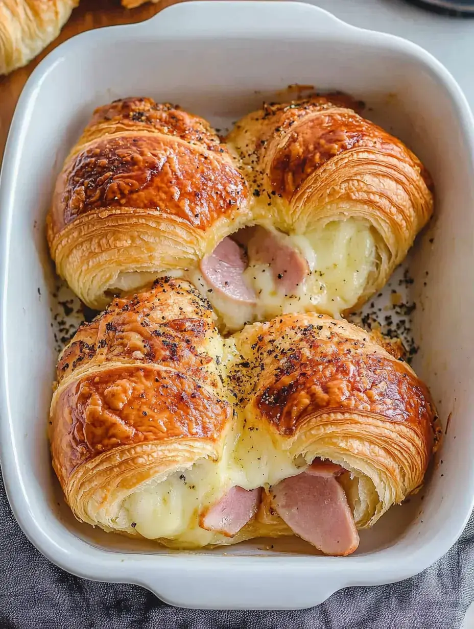 Golden-brown croissants filled with ham and melted cheese, arranged in a white baking dish.