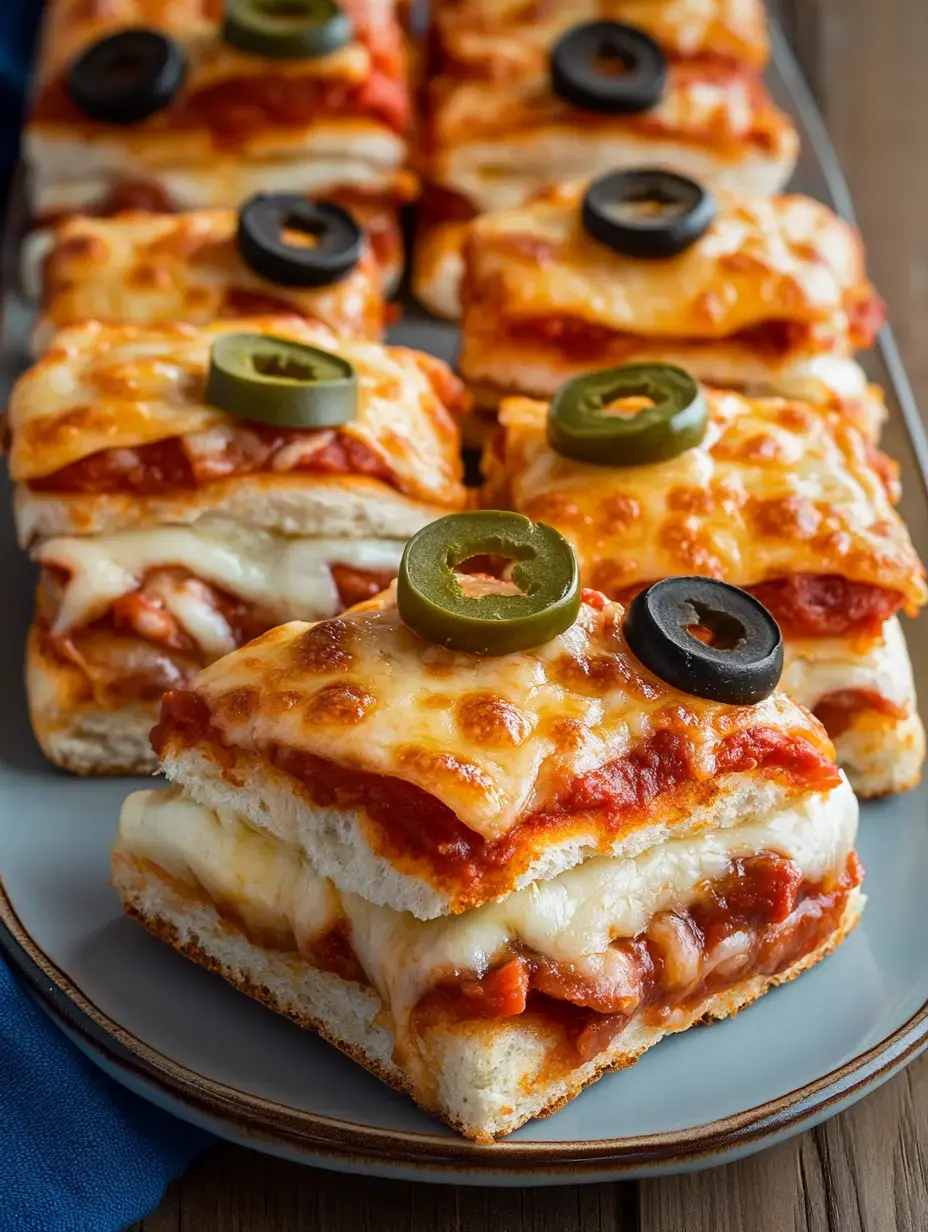 A plate of layered cheesy sandwiches topped with sliced olives and jalapeños.