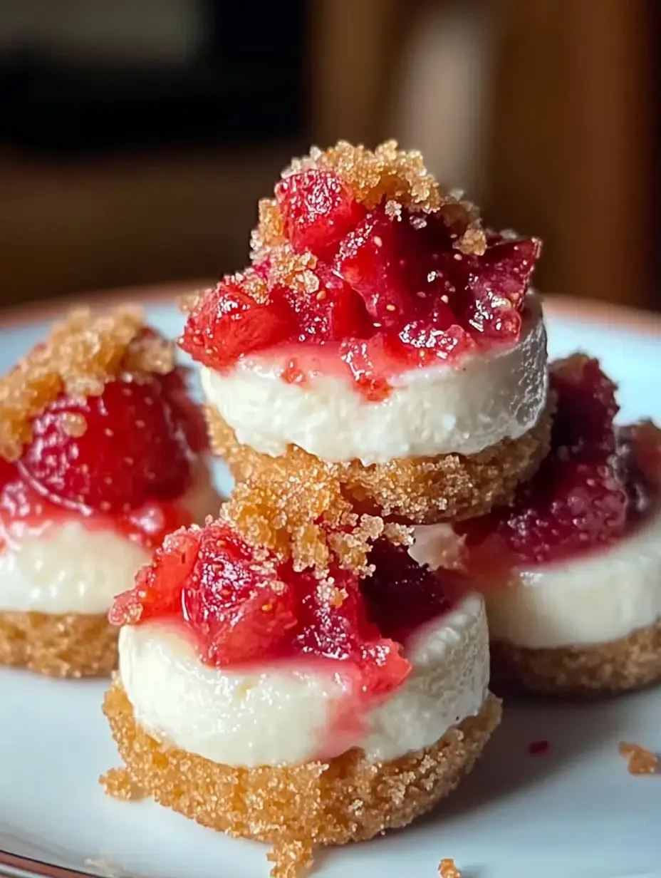 A close-up of mini cheesecake desserts topped with fresh strawberries and a sprinkle of crumbled graham crackers on a plate.