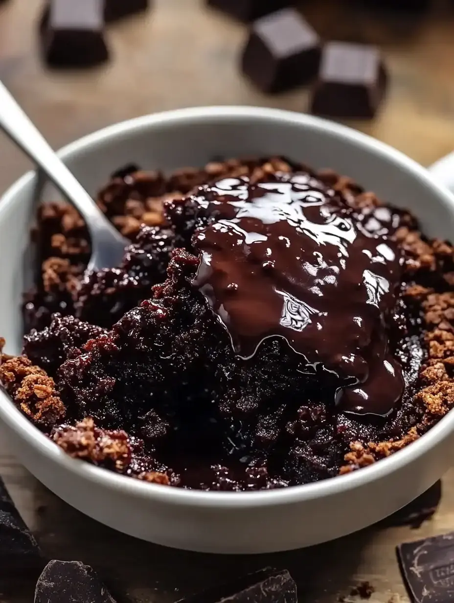 A close-up of a bowl filled with moist chocolate cake topped with shiny chocolate sauce, surrounded by crumbled cookie pieces.