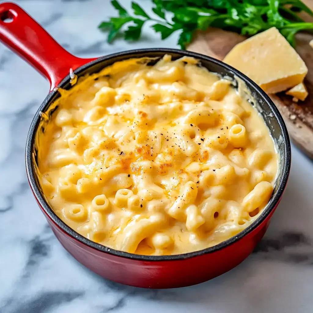 A red pot filled with creamy macaroni and cheese is shown alongside a piece of cheese and fresh parsley on a marble surface.