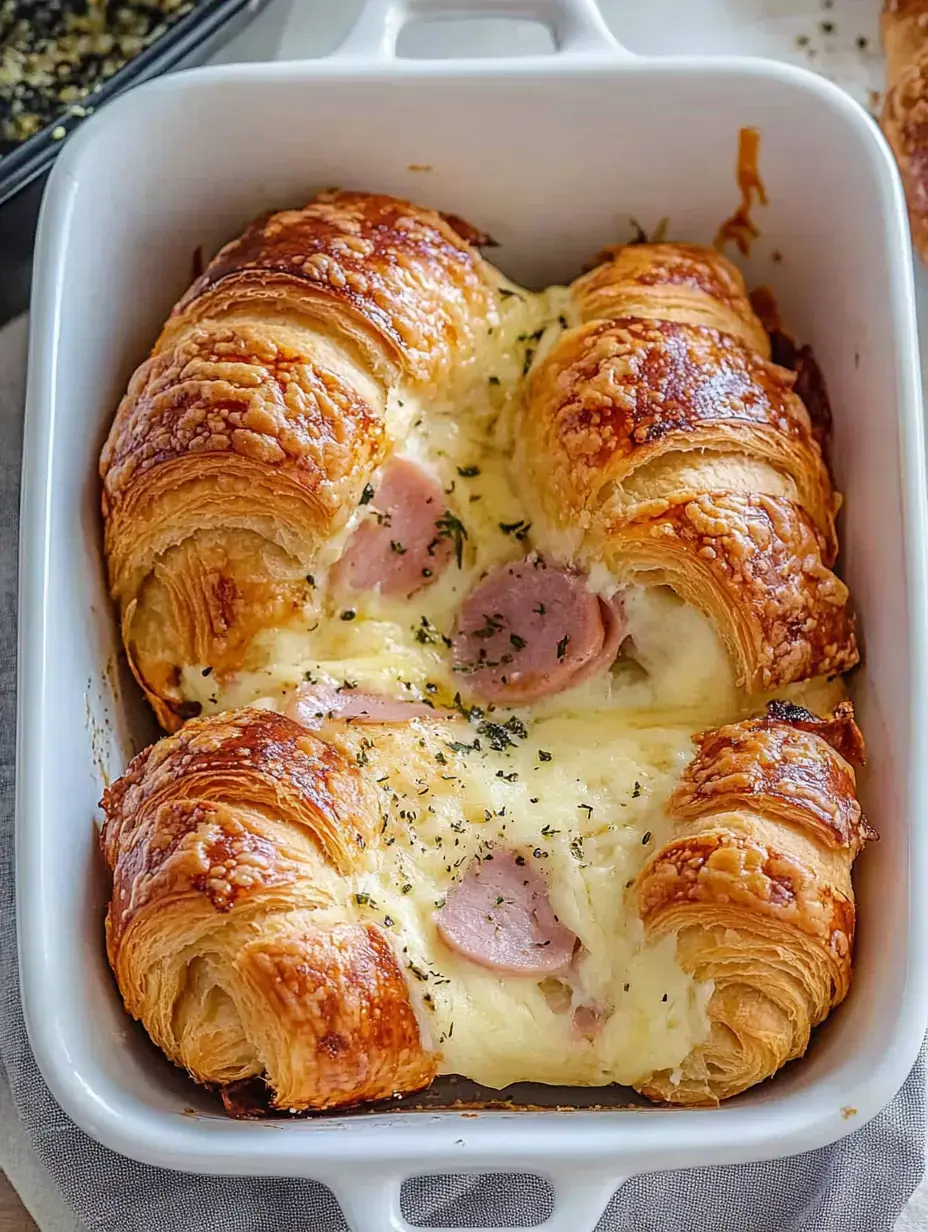 A baked dish featuring croissants filled with sliced ham and melted cheese, garnished with herbs.