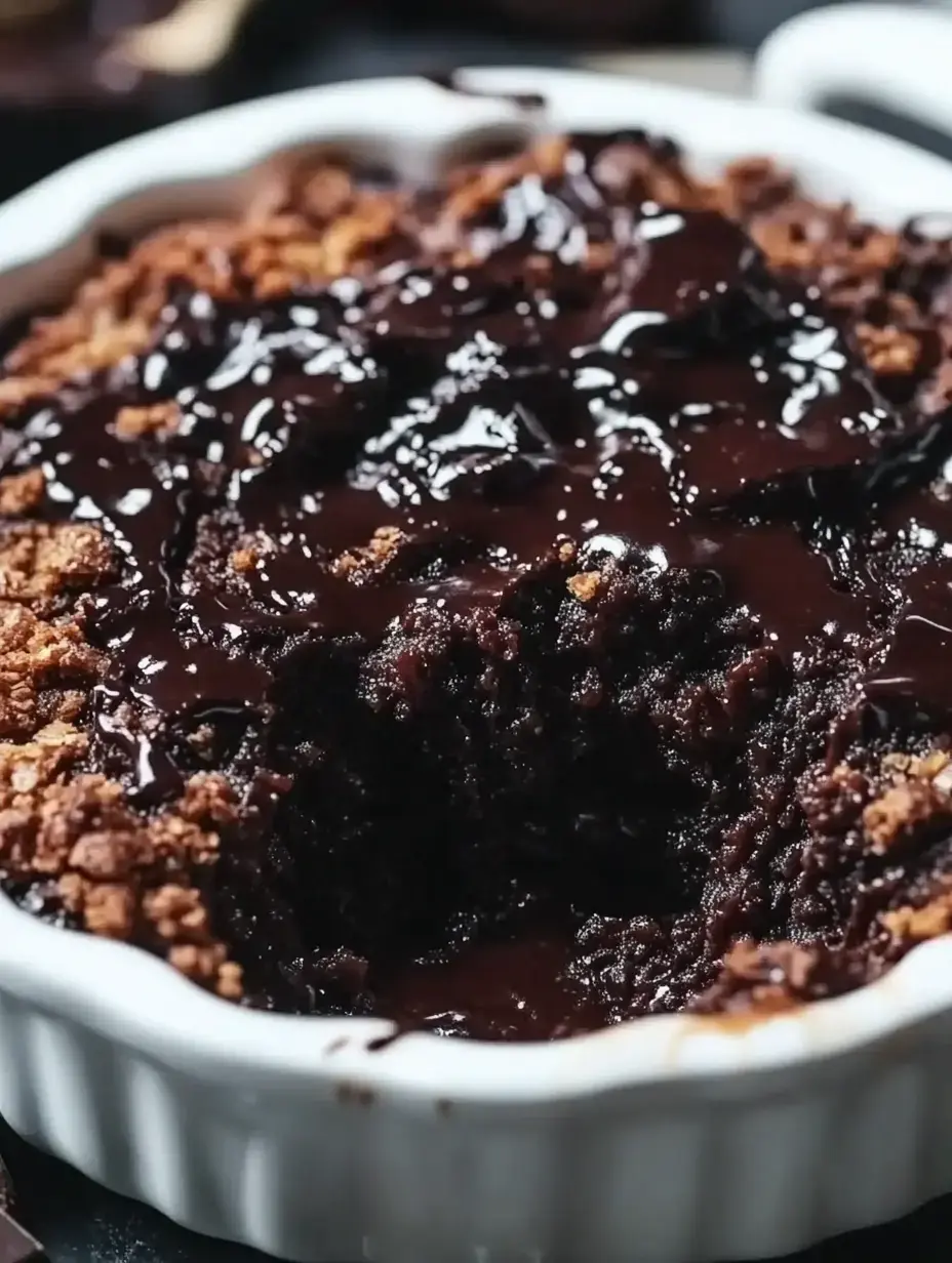 A close-up of a baked chocolate dessert in a white dish with a crumbly topping and a rich chocolate sauce on top.