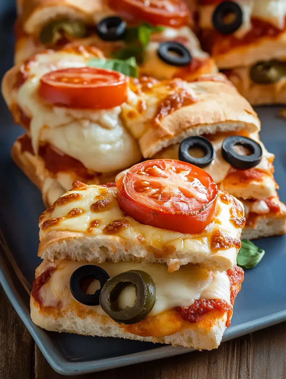 A close-up of a plate featuring cheesy, baked sandwich halves topped with sliced tomatoes, black olives, and green jalapeños.