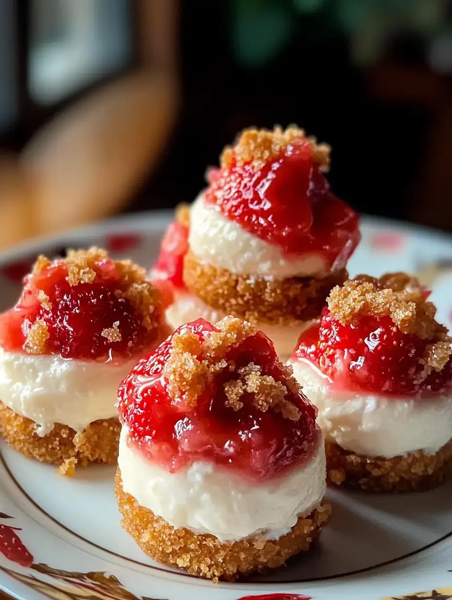 A plate of mini cheesecakes topped with strawberry preserves and crumbled brown sugar.