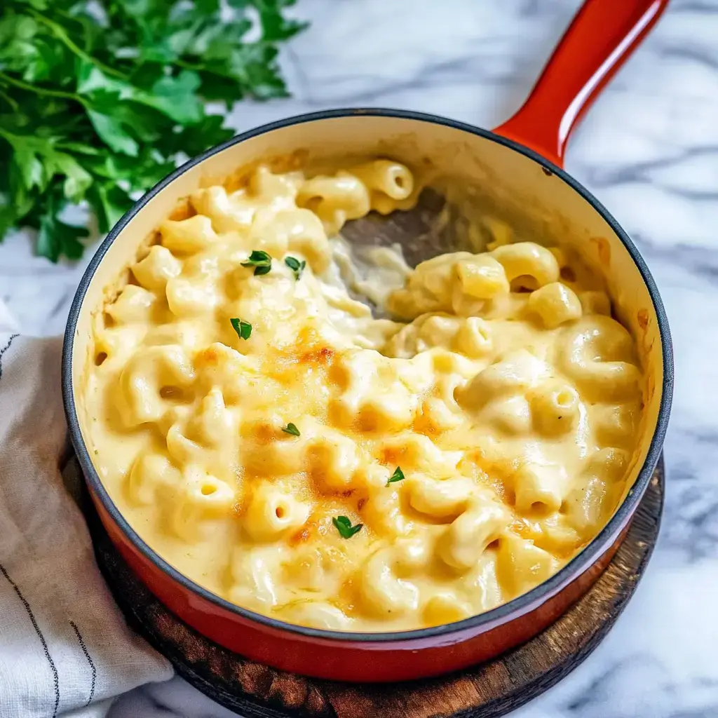 A creamy mac and cheese dish is served in a red pot, garnished with a sprinkle of herbs, with a portion removed.