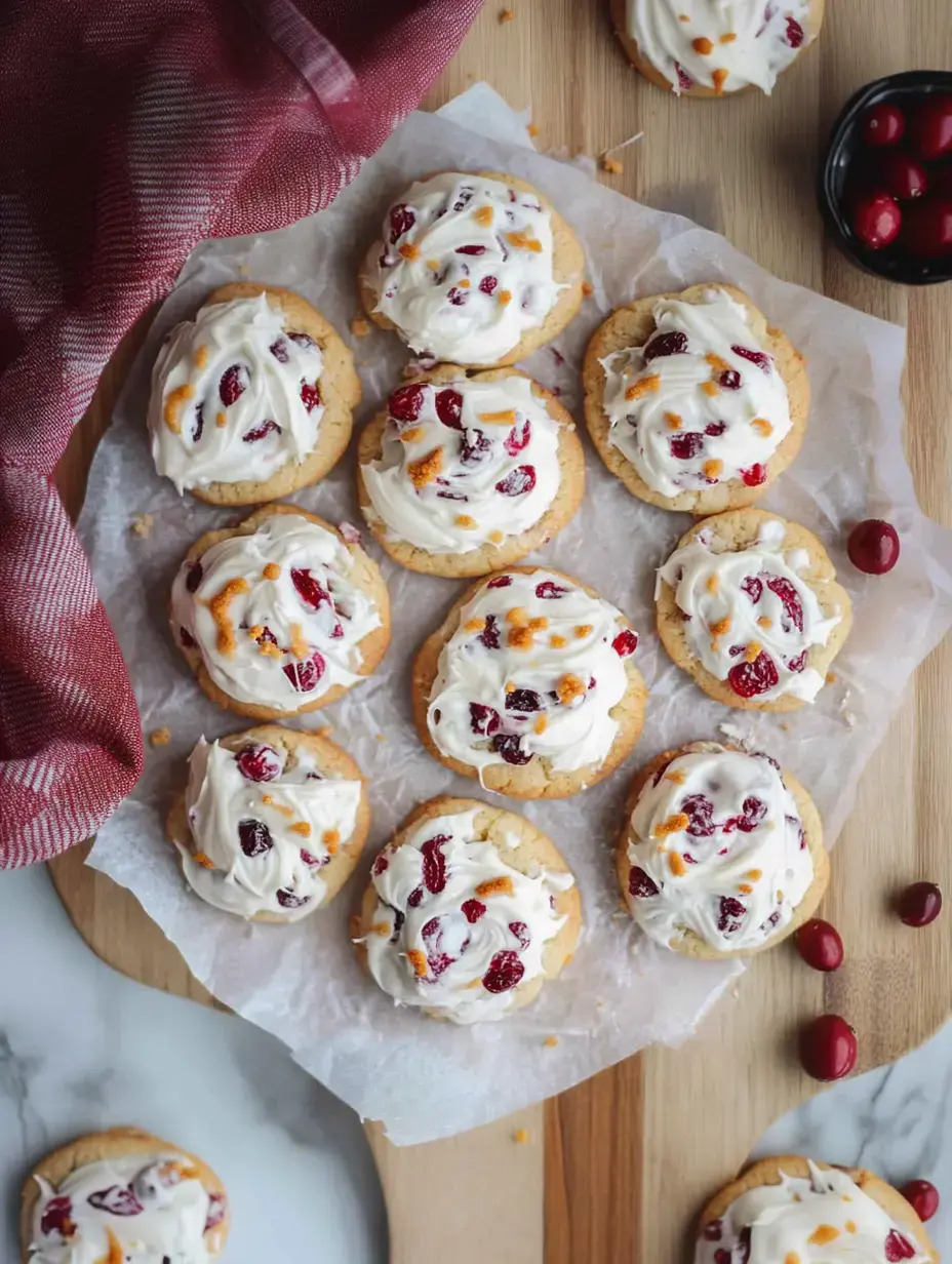 A wooden board displays a variety of cookies topped with cream frosting, cranberries, and orange zest, accompanied by a red cloth and a bowl of cranberries.