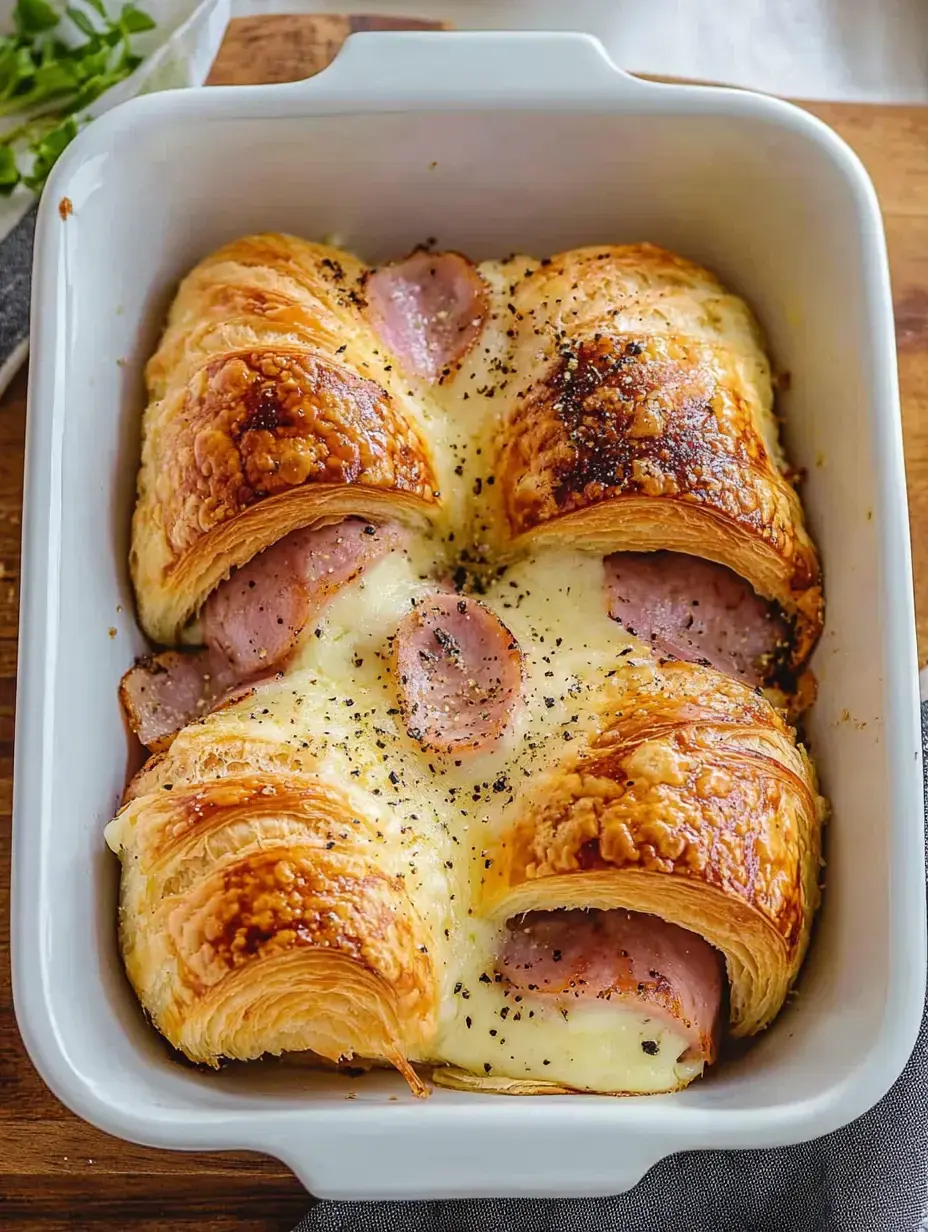 A dish of baked croissants filled with ham and cheese, topped with pepper and golden brown crust.