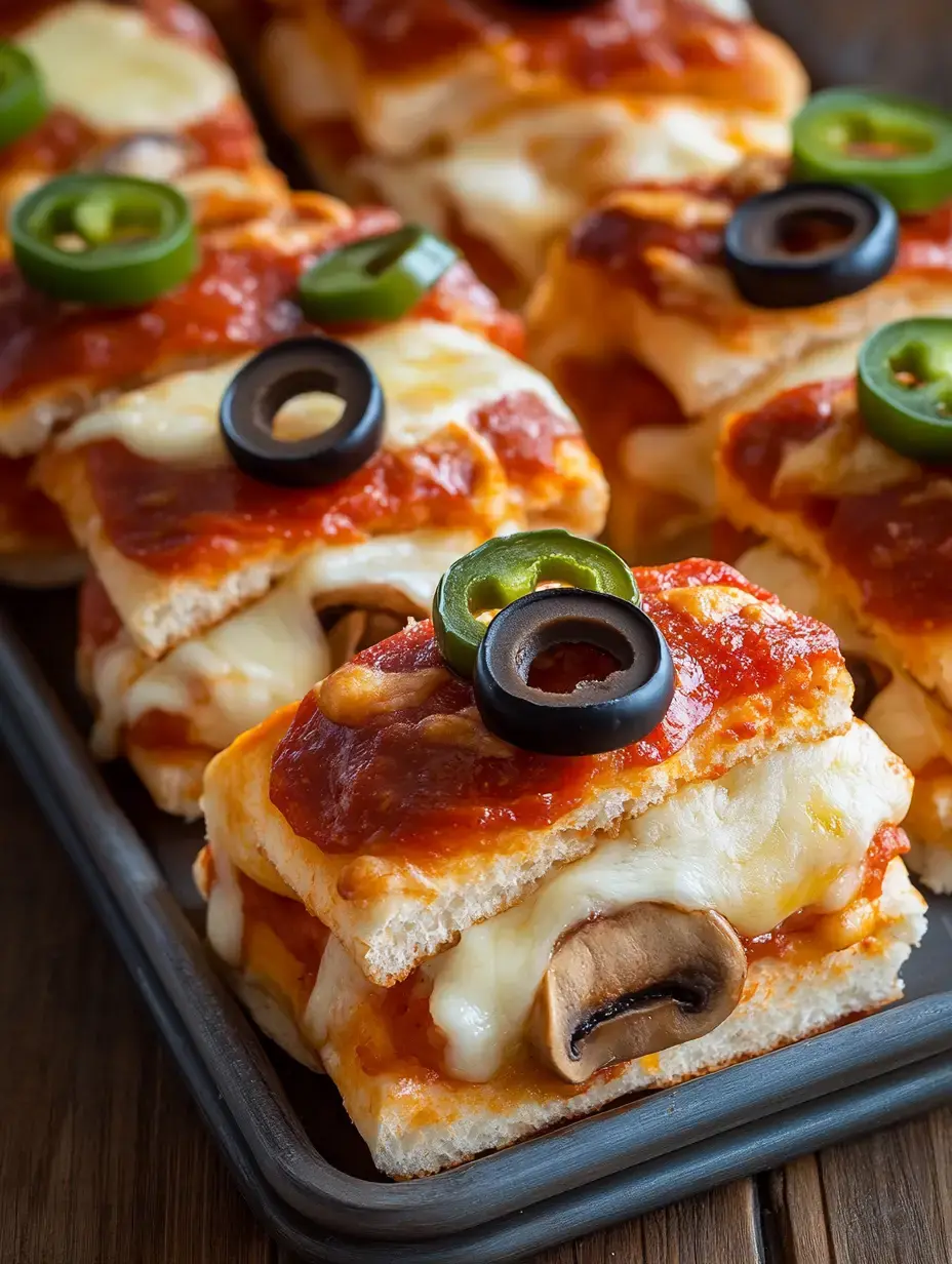 A close-up of layered pizza slices topped with marinara sauce, cheese, mushrooms, and garnished with green jalapeños and black olives.