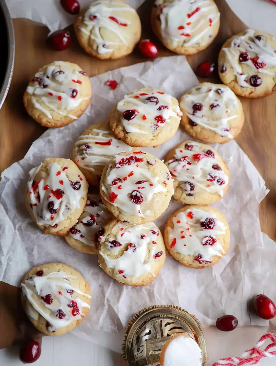 A cluster of decorated cookies with white icing, cranberries, and red sprinkles, arranged on a wooden surface with some fresh cranberries and a decorative container nearby.