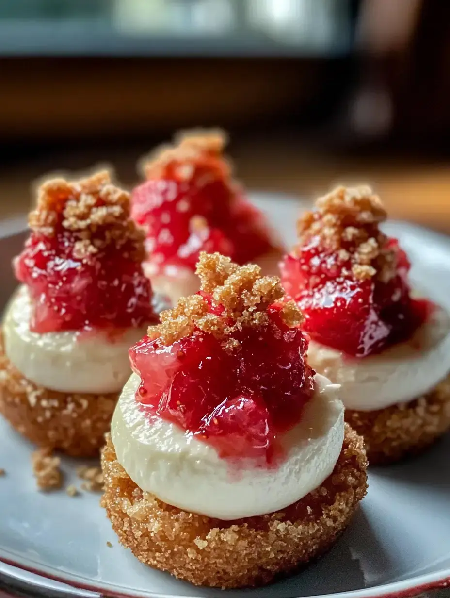 A plate of desserts featuring graham cracker crusts topped with creamy filling and vibrant red fruit jelly garnished with crumbled topping.