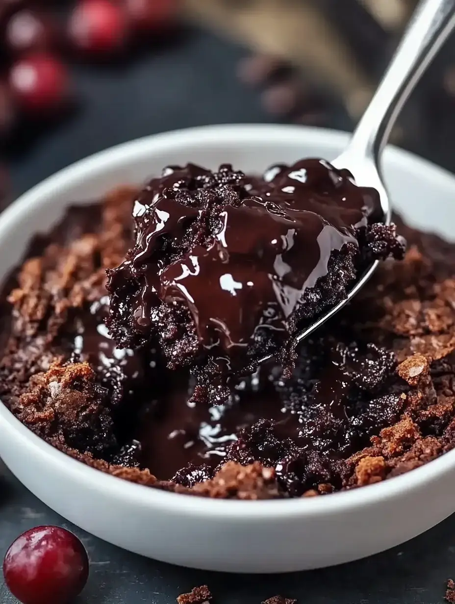 A spoonful of rich, gooey chocolate dessert is being lifted from a bowl, surrounded by crispy edges and garnished with cranberries.