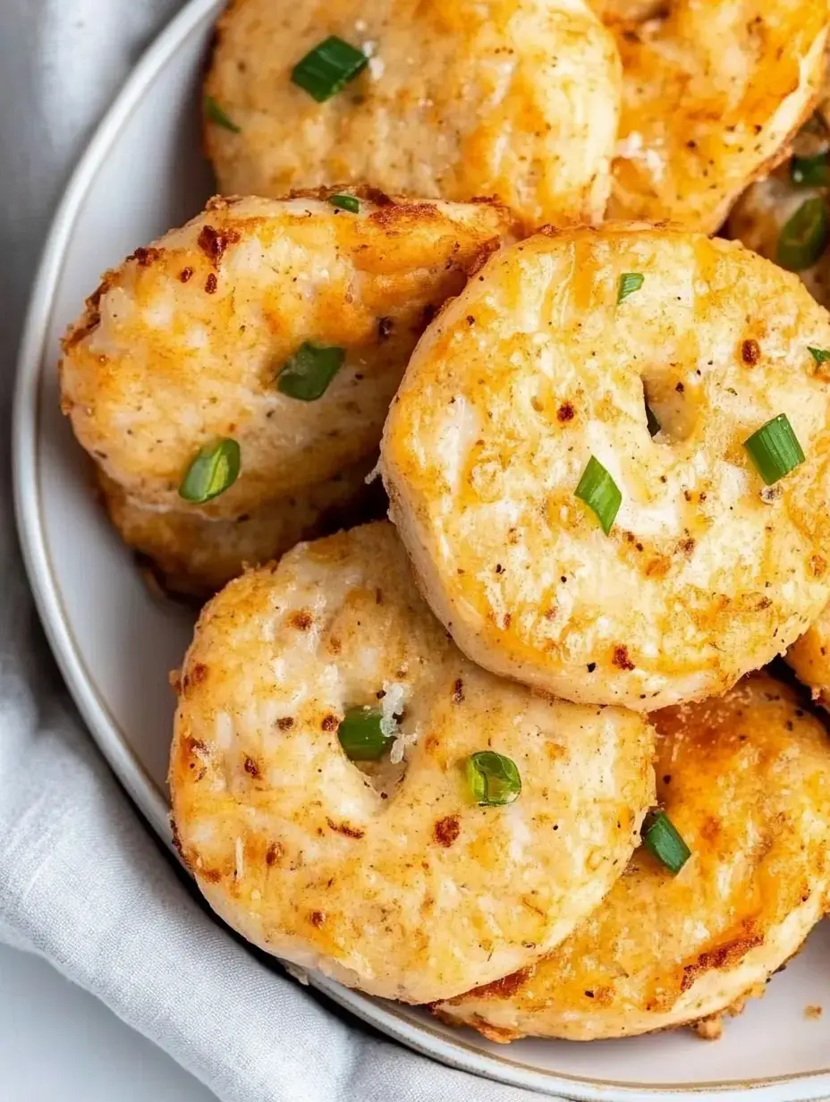 A close-up of golden, fried dough donuts garnished with pieces of green onion, arranged on a white plate.