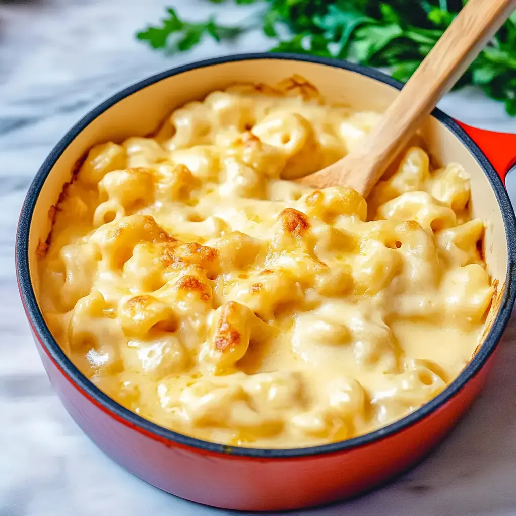 A creamy, baked macaroni and cheese dish is seen in a red pot with a wooden spoon.