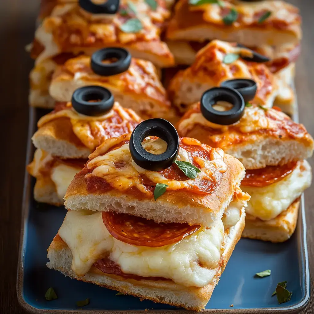 A platter of sliced pizza sandwiches topped with melted cheese, pepperoni, and black olives.