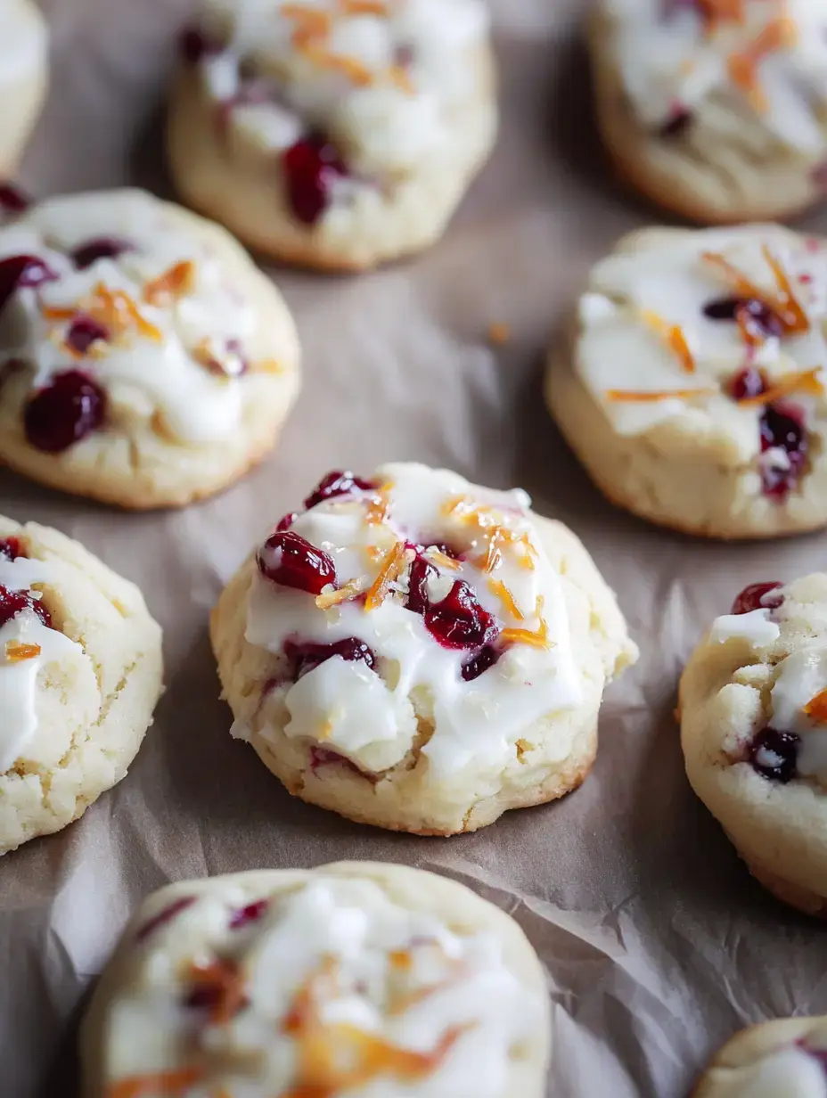 A close-up image of freshly baked cookies topped with white icing, cranberries, and orange zest.