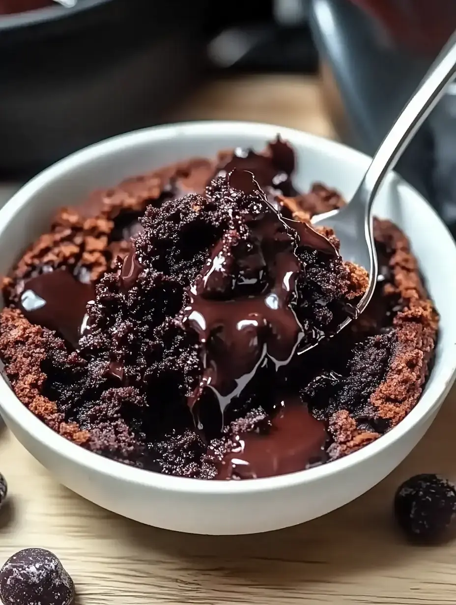 A close-up of a bowl of warm, gooey chocolate cake with a spoonful taken out, showcasing a rich, melty texture.