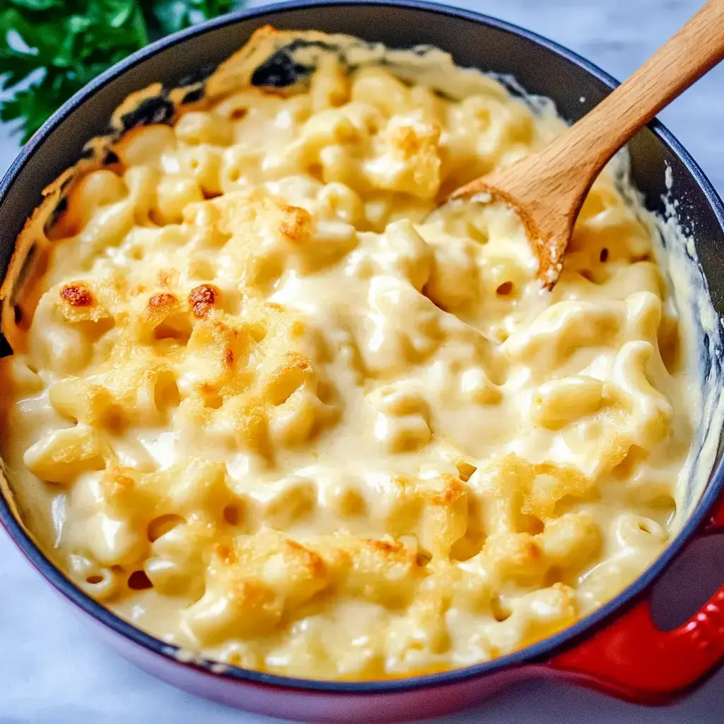 A creamy, baked macaroni and cheese dish in a red pot with a wooden spoon.