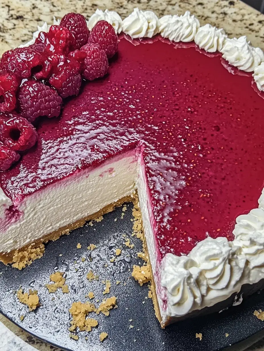 A raspberry cheesecake with a shiny berry topping and whipped cream, partially sliced on a dark plate.