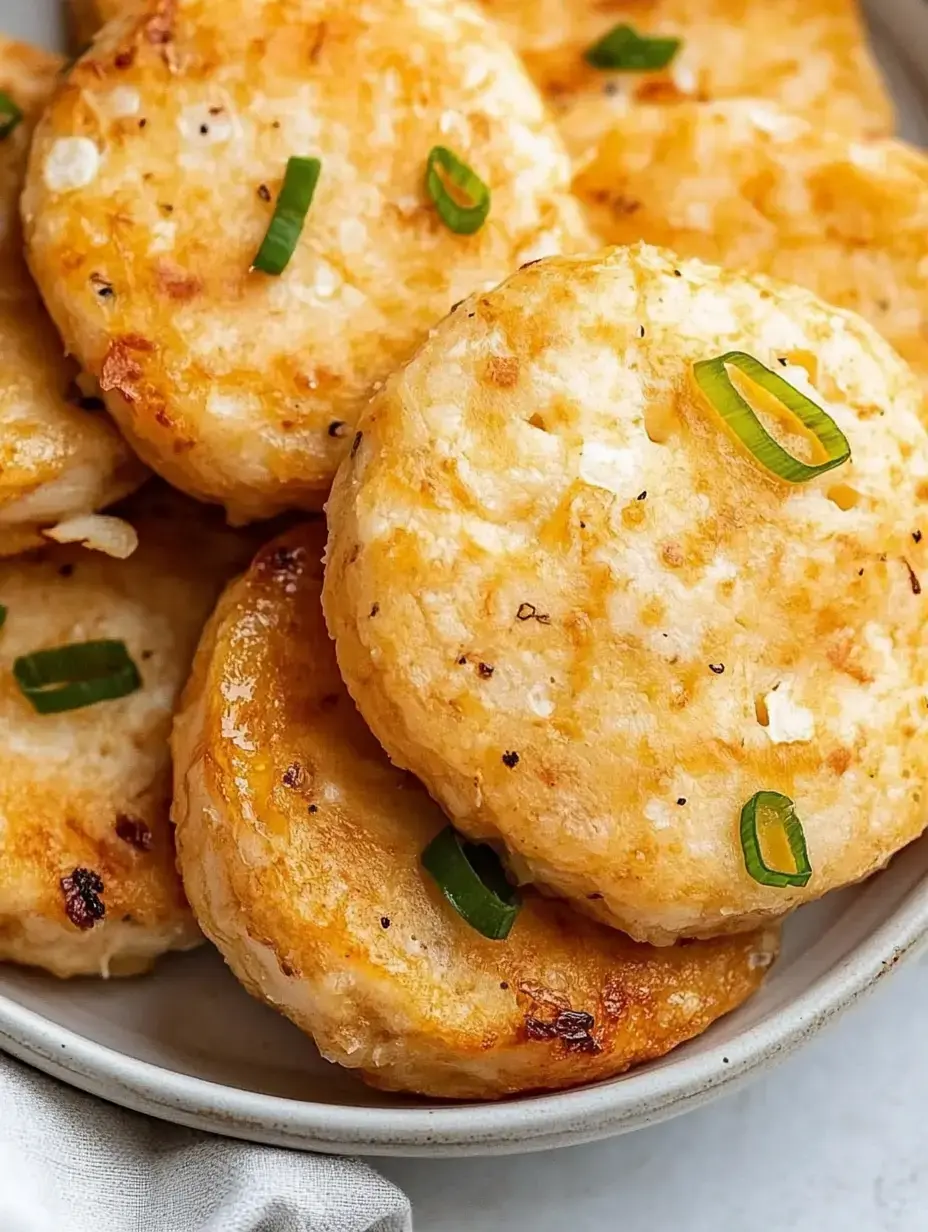 A plate of golden-brown, pan-fried rice cakes garnished with chopped green onions.