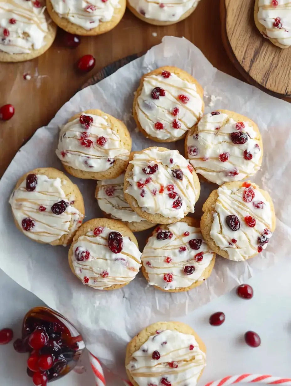 A plate of frosted cookies topped with cranberries, arranged on parchment paper with some cranberries and a cup of cranberry sauce nearby.