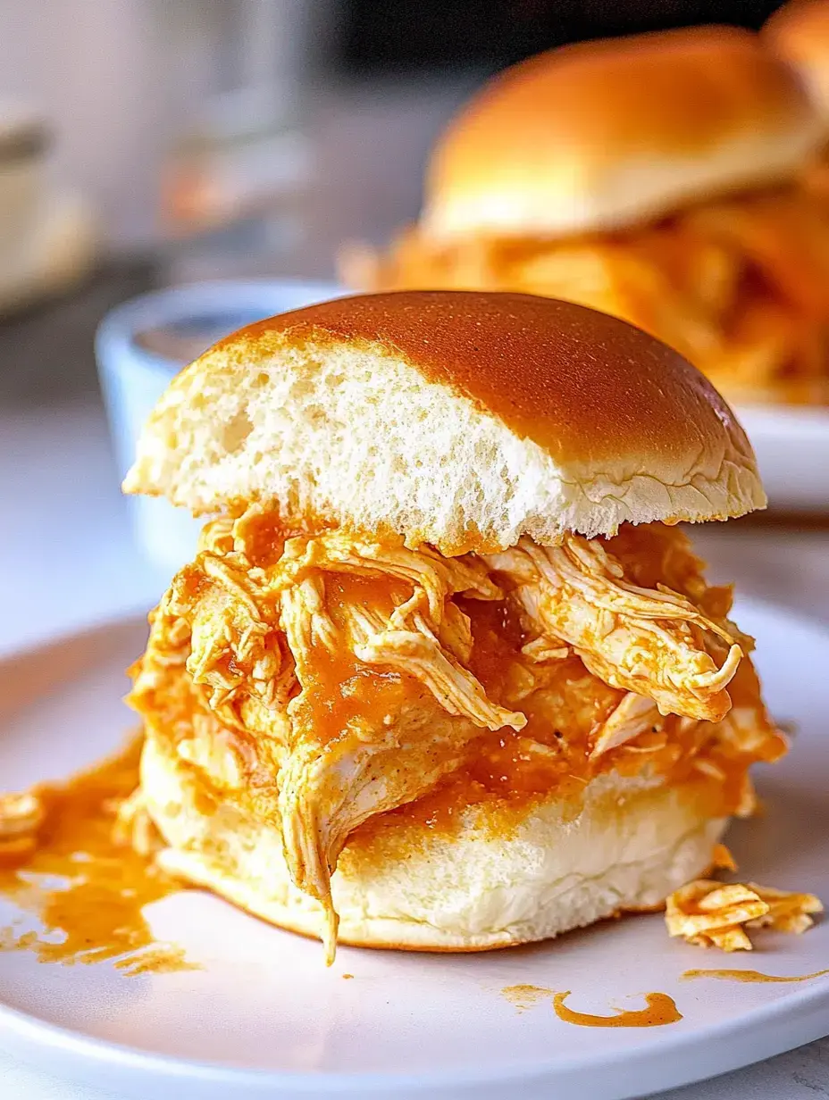 A close-up of a pulled chicken sandwich with a rich orange sauce on a soft bun, served on a plate.