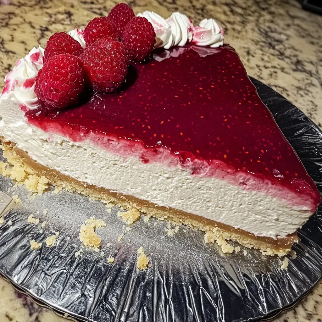 A slice of cheesecake topped with raspberry sauce and fresh raspberries, served on a metallic pie dish.