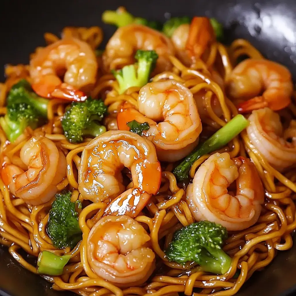 A close-up of shrimp stir-fried with noodles and broccoli in a dark bowl.