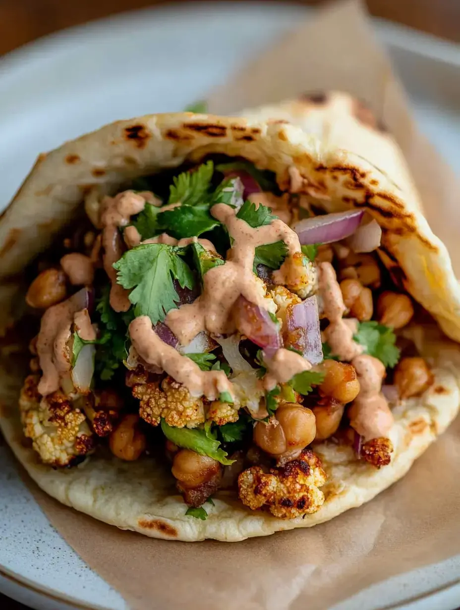 A close-up of a delicious taco filled with roasted cauliflower, chickpeas, fresh cilantro, red onions, and a creamy sauce, all wrapped in a warm tortilla.