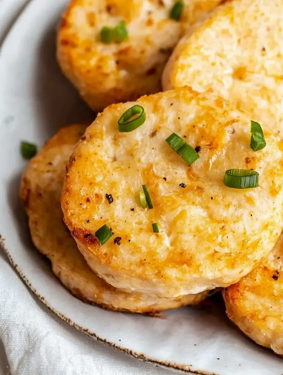 A close-up of golden-brown biscuits garnished with chopped green onions, served on a white plate.