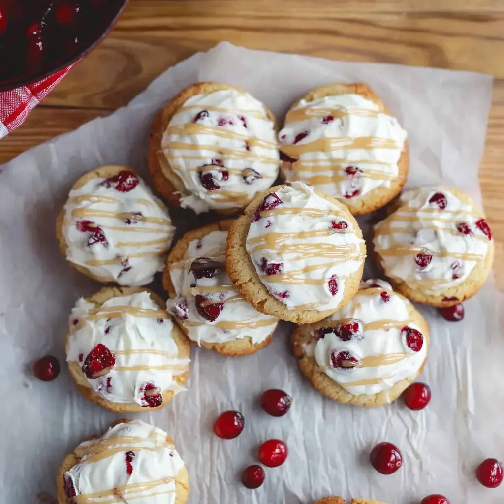 A pile of frosted cookies topped with cranberries and drizzled with caramel sauce on a wooden surface.