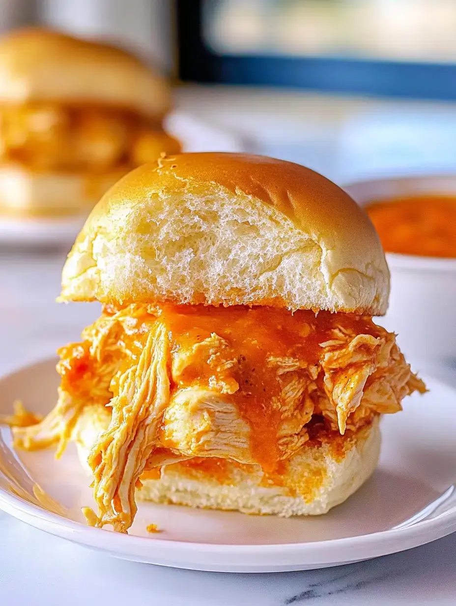 A close-up of a shredded chicken sandwich covered in a vibrant sauce, served on a soft, golden bun, with another sandwich in the background.