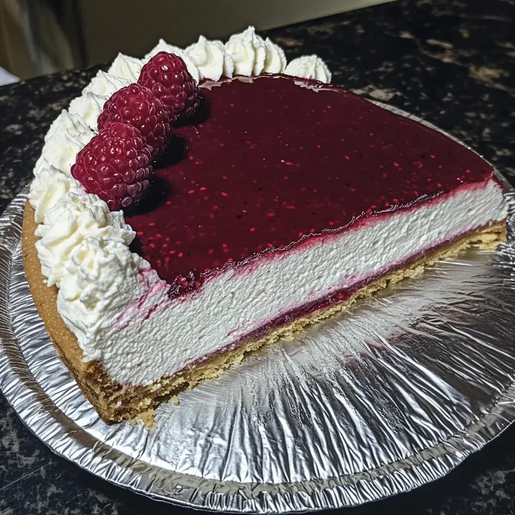 A sliced cheesecake topped with raspberry glaze and fresh raspberries, displayed on a silver foil base.