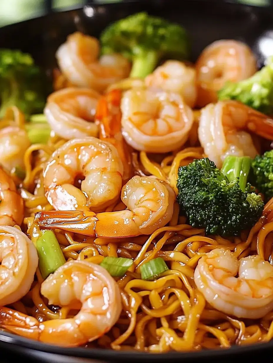 A close-up of a dish featuring shrimp, broccoli, and noodles in a dark bowl.